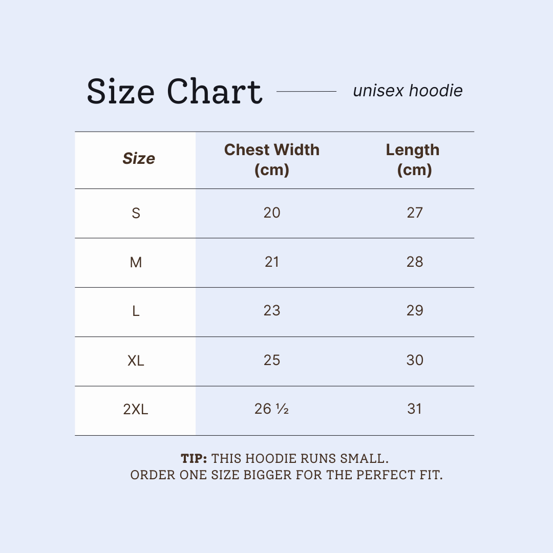The metric size chart for the unisex hoodie