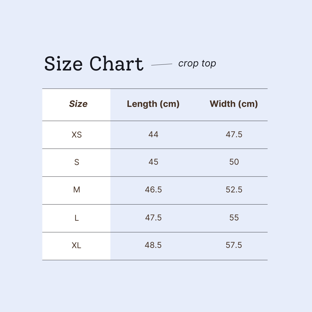 The metric size chart for the women’s crop top 